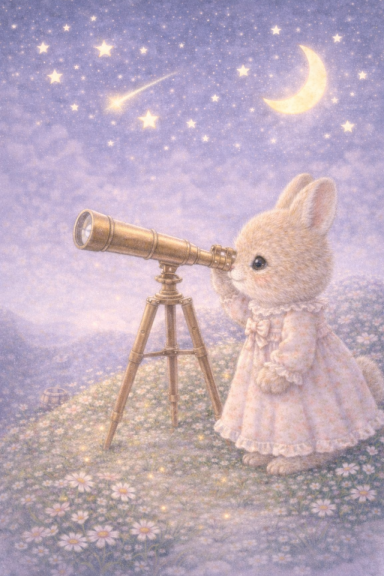 Een schattig konijn in een jurk kijkt door een telescoop naar de sterren en maan.