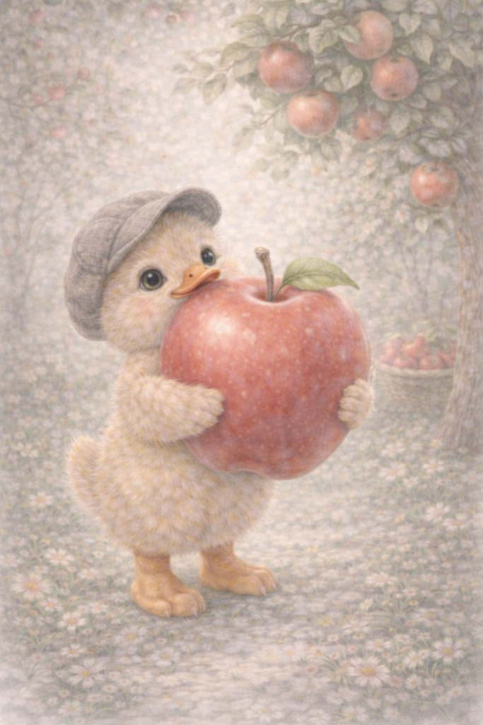 Schattig kuikentje met een grote rode appel, gekleed in een hoedje.