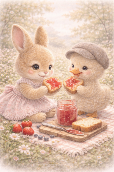 Een konijn en een eend delen jam op toast in een bloemenweide.