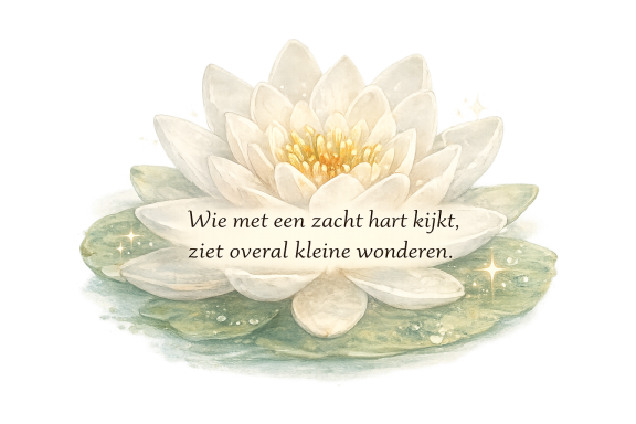 Witte lelie met groene bladeren en tekst: "Waar met een zachte hart kijkt, zie je overal kleine wonderen."