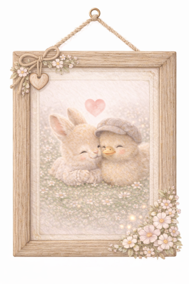 Knaagdier en kuiken knuffelen in een schattige illustratie met bloemen en hartjes.