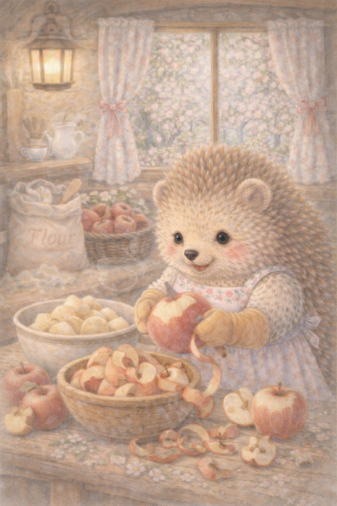 Een schattige egel in een schort snijdt appels in een gezellige keuken.