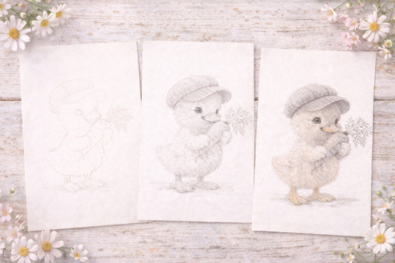 Drie tekeningen van een schattige kuiken met een hoed en een bloem.