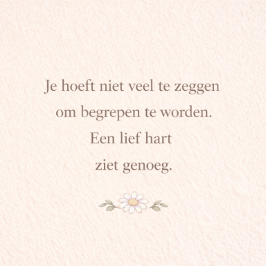 Tekst op een pastelachtergrond: "Je hoeft niet veel te zeggen om begrepen te worden. Een lief hart ziet genoeg."