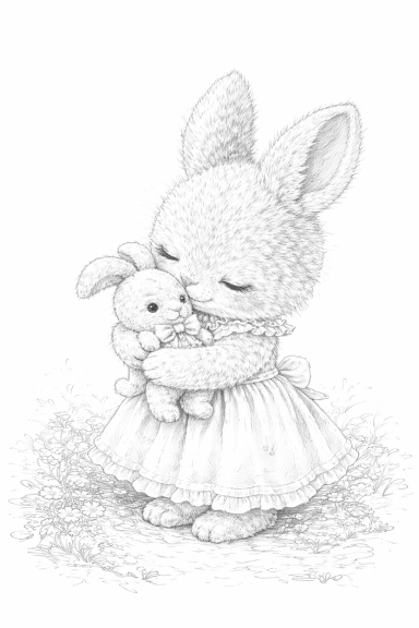 Een schattig konijntje in een jurk knuffelt een klein konijntje.