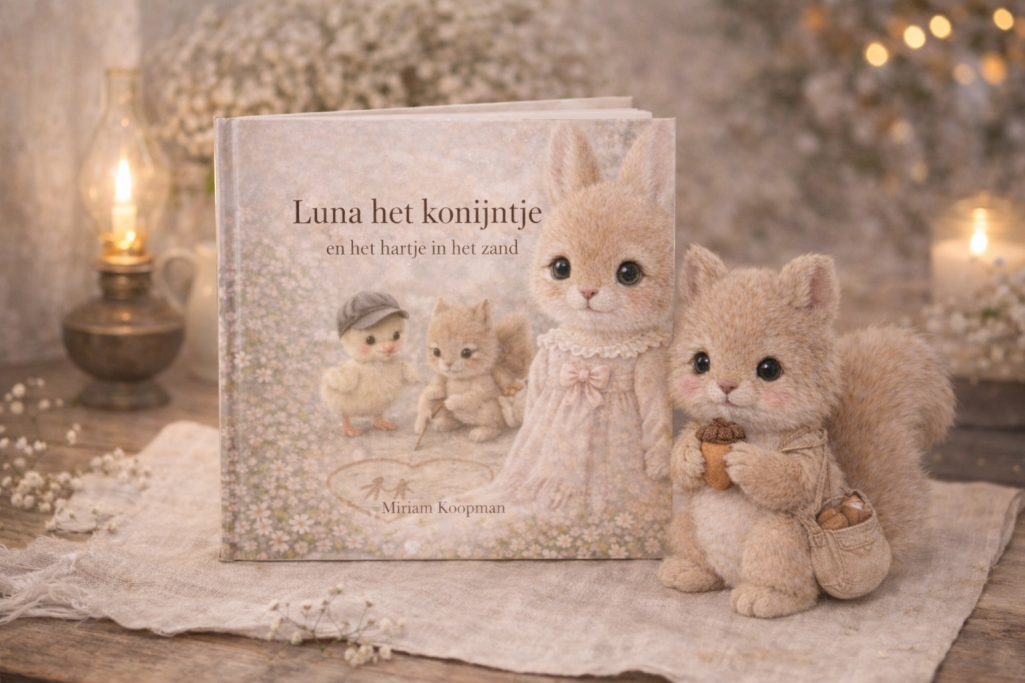 Een schattig boek met knuffeldieren en een sfeervolle achtergrond van kaarslicht.