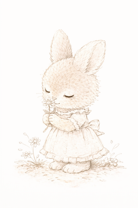 Lichtgekleurde konijn in een jurk, met gesloten ogen en een bloem in de handen.