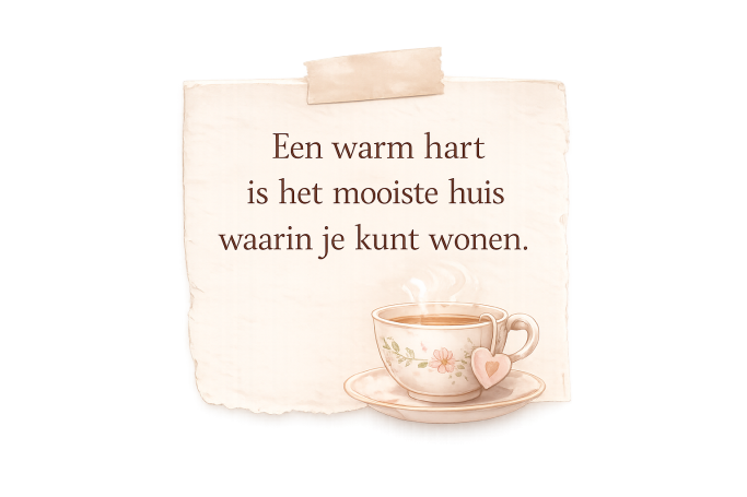Tekst: "Een warm hart is het mooiste huis waarin je kunt wonen." Met een theekopje en achtergrond.