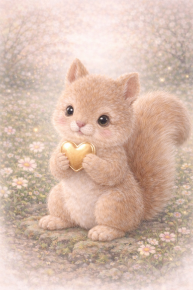 Schattige eekhoorn met een gouden hart op een bloemenbed.