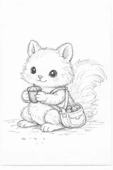 Een schattig, getekend eekhoorntje met een tas en een beker.