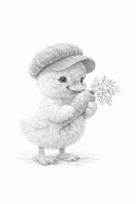 Een schattig kuikentje in een hoed met een bloem in zijn poot.