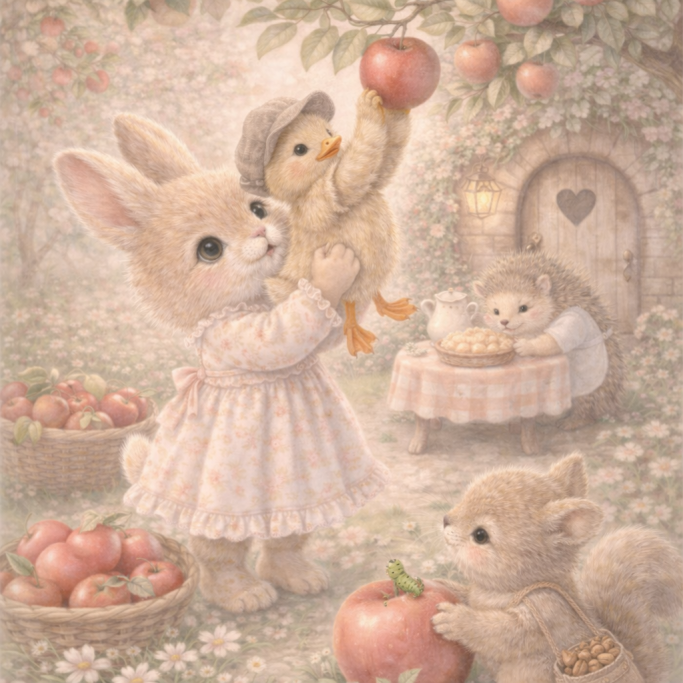 Een schattige konijntje in een jurk plukt met een kuikentje een appel onder een boom.