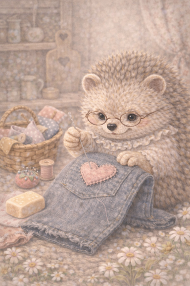 Een schattige stekelvogeltje borduurt een hart op denim, omringd door wol en blokken zeep.