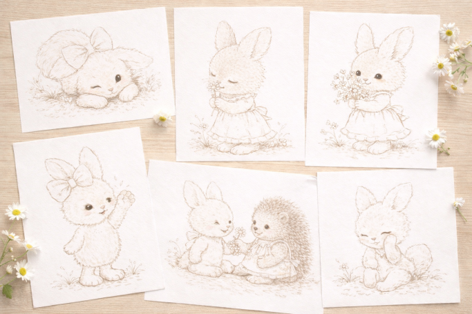 Zes schattige tekeningen van konijnen en een egeltje, in zachte kleuren en schattige poses.