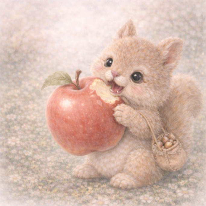 Schattig eekhoorntje met een appel, dat een hap uit de vrucht neemt.