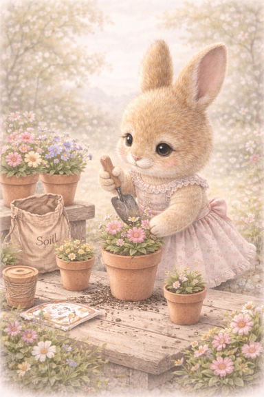 Een schattig konijn in een jurk plant bloemen in bloempotten.