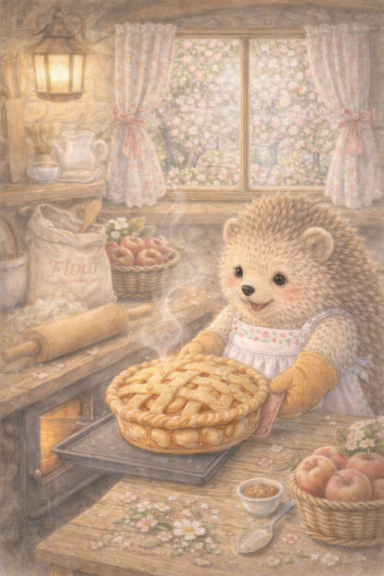 Een schattig egeltje in een keuken met een appeltaart op een bakplaat.