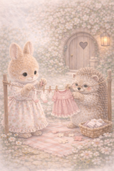 Een konijn en een egeltje hangen een roze jurk op in een bloemenomgeven tuin.