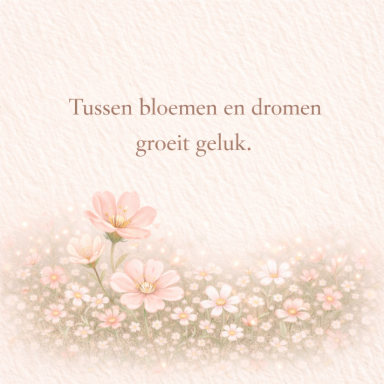 Lichte achtergrond met bloemen en de tekst: "Tussen bloemen en dromen groeit geluk."