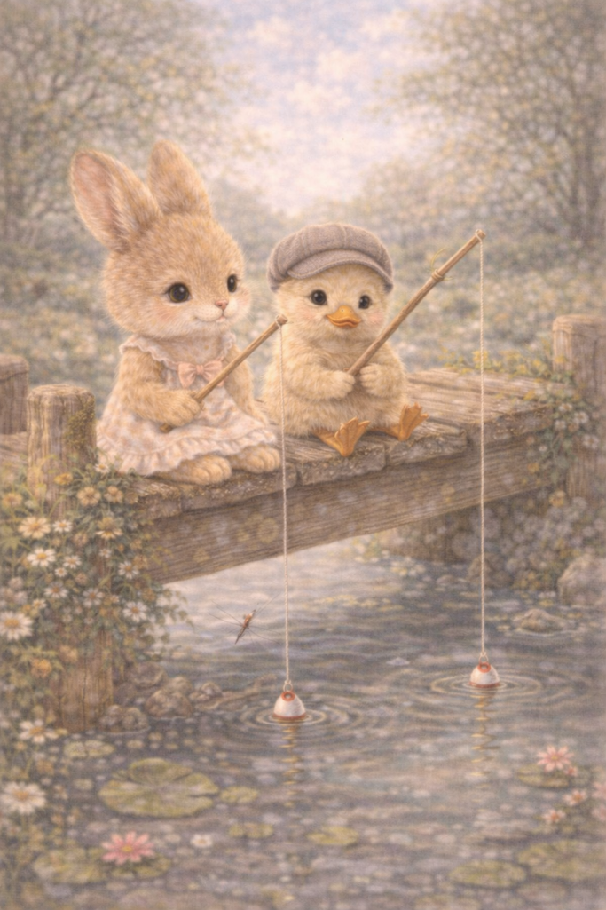 Een konijn en een eendje vissen samen op een brug bij een vredig water.