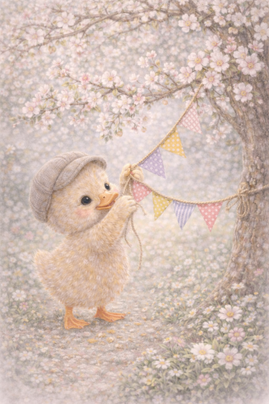 Schattig kuikentje versiert met vlaggetjes onder bloeiende kersenbomen.