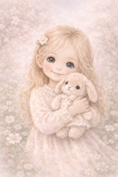 Meisje met lang, blond haar, houdt een pluizig konijntje vast in een pastelachtige achtergrond.