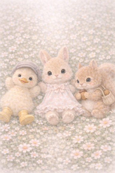Drie schattige knuffeldieren: een eend, een konijn en een eekhoorn, omringd door bloemen.