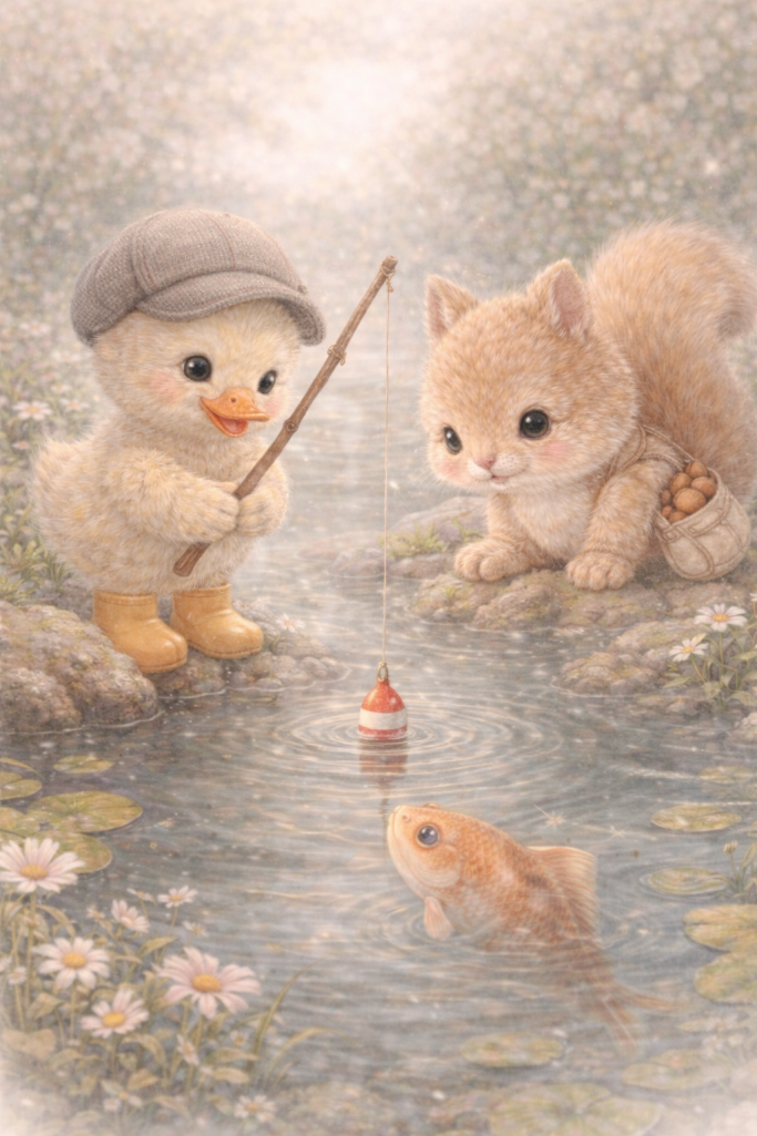 Een schattig kuikentje en een katje vissen samen bij een vijver.