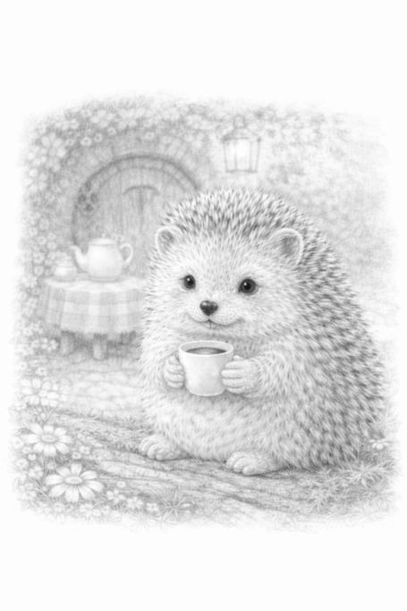Egel met een kopje thee, zittend op een tapijt in een gezellige setting.