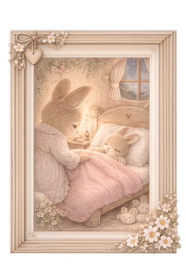 Twee schattige konijnen, een verzorgt de andere in bed met een roze deken. Rosen rond de rand.