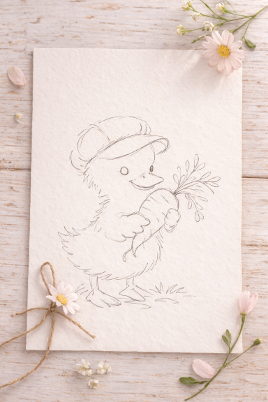 Schattige eend met een hoed die een wortel vasthoudt, omringd door bloemen.