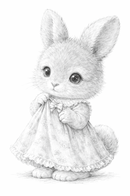 Schattige konijn met grote ogen in een schattige jurk.
