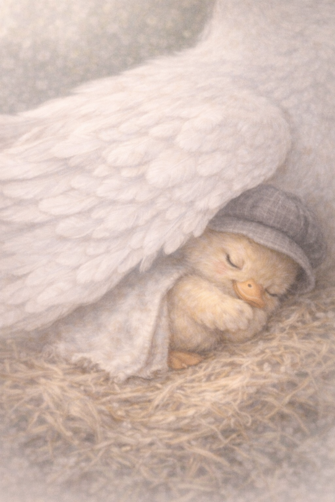 Een schattige kuikentje in een nest, bedekt door een grote, zachte vleugel.