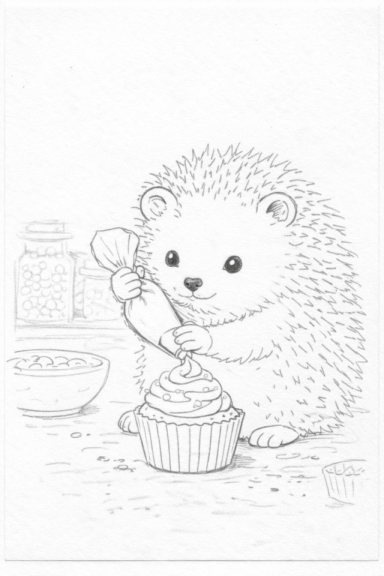 Egel met een telefoon, terwijl hij een cupcake versiert.