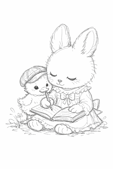 Een konijn leest een boek met een kleine eend naast zich.