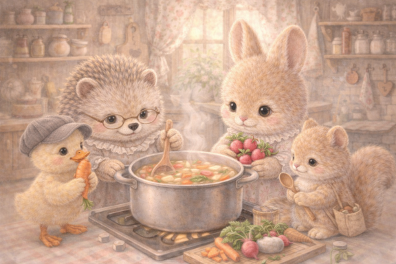 Snoezige dieren bereiden samen een groentesoep in een gezellige keuken.