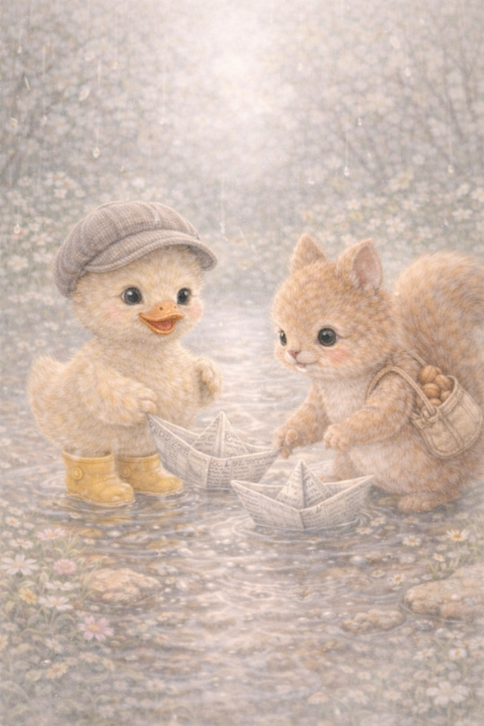 Een eend en een eekhoorn spelen samen onder een parasol in een bloeiende omgeving.