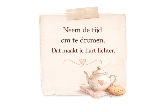 Tekst: "Neem de tijd om te dromen. Dat maakt je hart lichter." Met een theepot en een koekje.