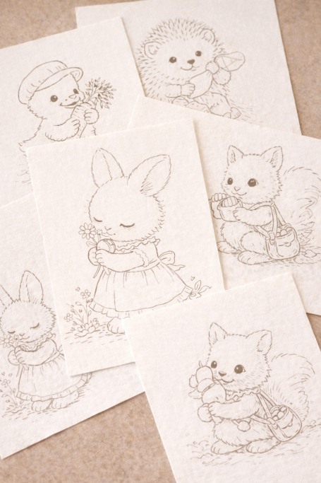 Zes schattige tekeningetjes van dieren in kostuums met bloemen en een feestelijke uitstraling.