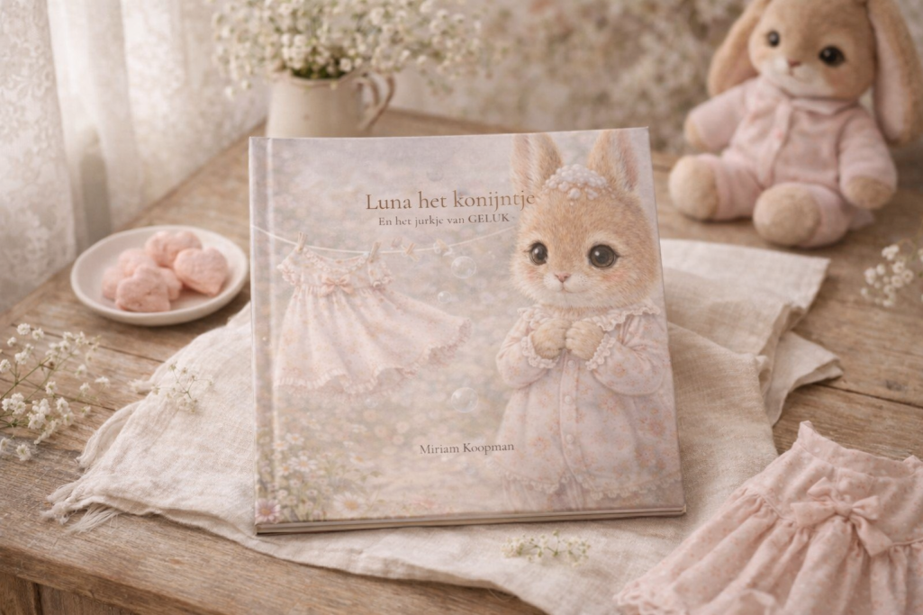 Schattig konijnenboekje op een houten tafel met een knuffel en een zalmroze jurk.