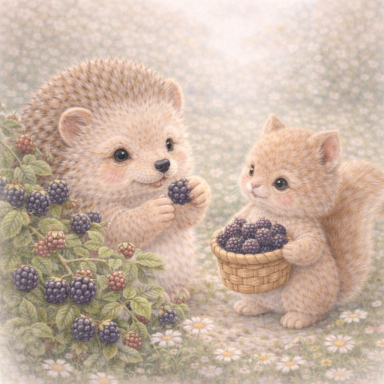 Een schattig призется, een egeltje en een eekhoorn met een mand vol bessen in een bloeiende tuin.